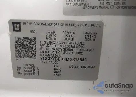 2021 Chevrolet Silverado 1500 4Wd Short Bed Custom из США, поврежденный, VIN 3GCPYBEK4MG313843